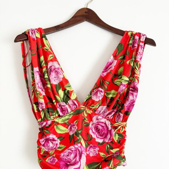 ZARA Floral Plunge Side Ruched Bodysuit Red Small S - Picture 5 of 10
